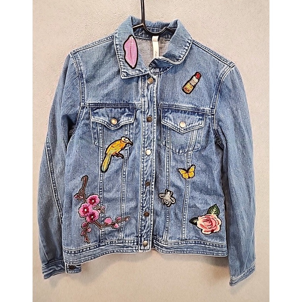 NY Collection Women's Blue Jacket Embroidered Sequin Patches Button M